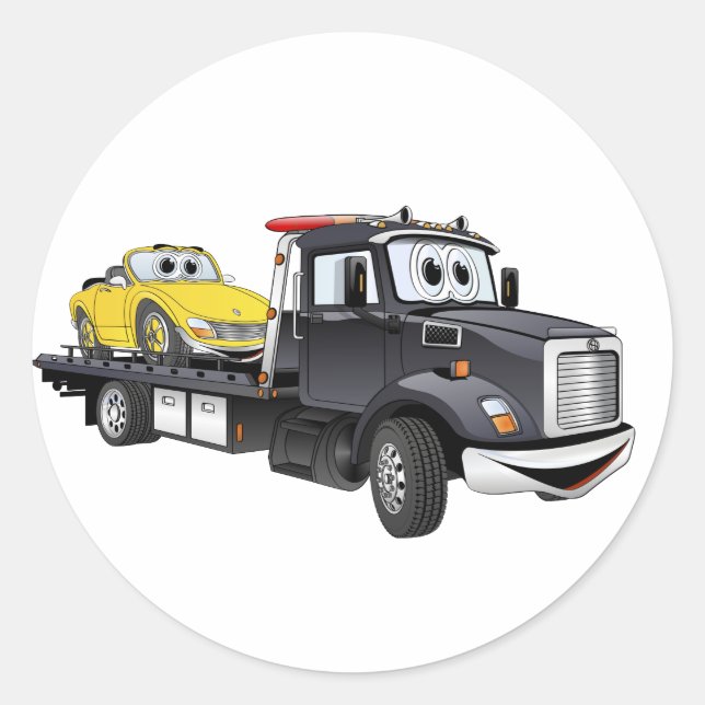 Black Tow Truck Flatbed Cartoon Classic Round Sticker (Front)