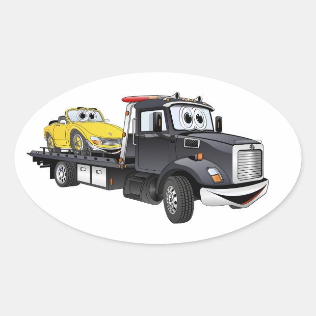 Black Tow Truck Flatbed Cartoon Oval Sticker (Front)