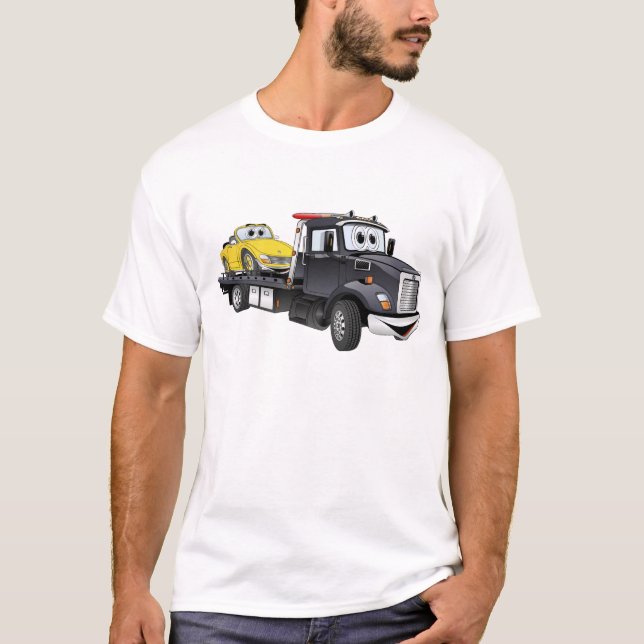 Black Tow Truck Flatbed Cartoon T-Shirt (Front)