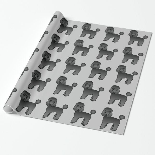 Black Toy Poodle Dog Pattern On Grey Wrapping Paper (Unrolled)