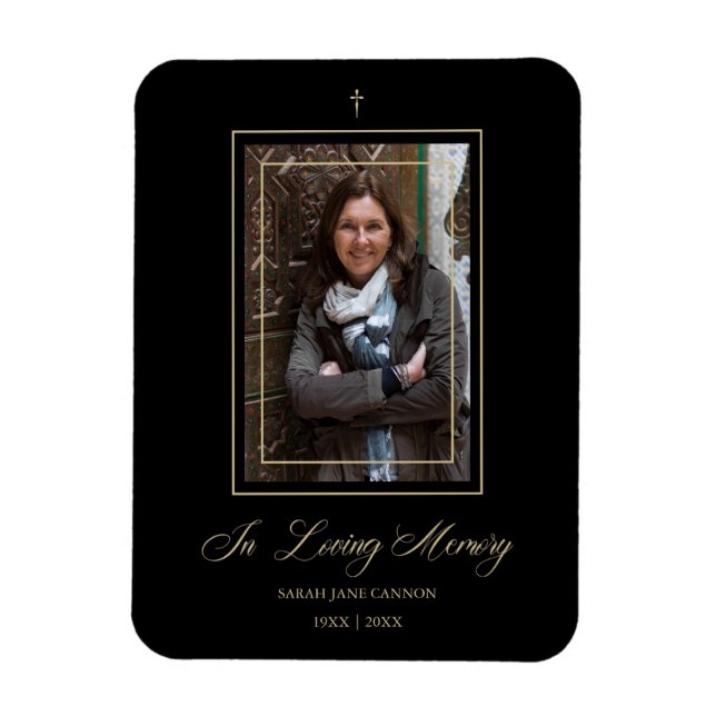 Black Traditional & Elegant Golden Photo Funeral Magnet (Vertical)