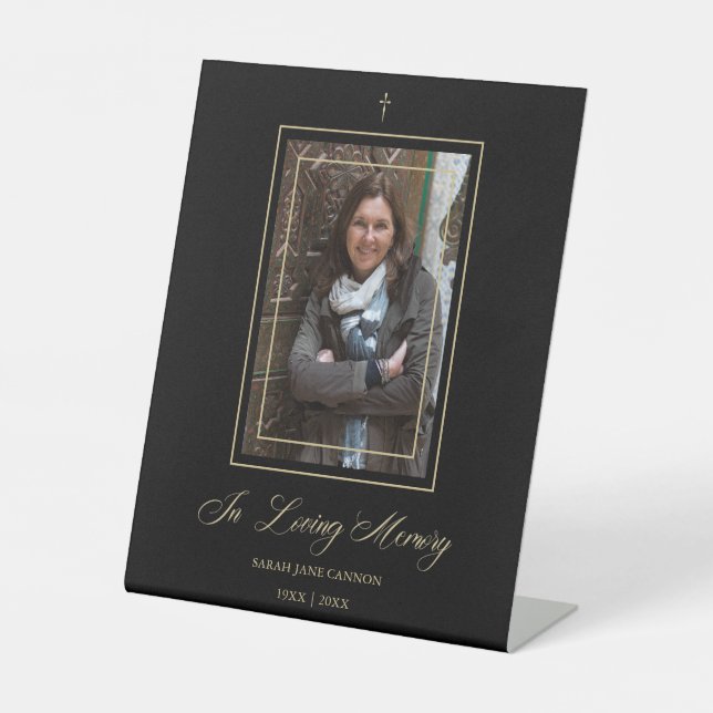 Black Traditional & Elegant Golden Photo Funeral Pedestal Sign (Front)