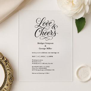 black transparent love and cheers Elegant Wedding  Acrylic Invitations