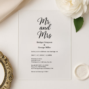 black transparent mr and mrs Elegant Wedding Acrylic Invitations