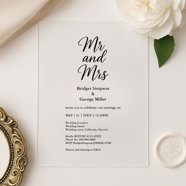 black transparent mr and mrs Elegant Wedding  Acrylic Invitations (Creator Uploaded)