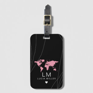 black travel luggage tag with her name & worldmap