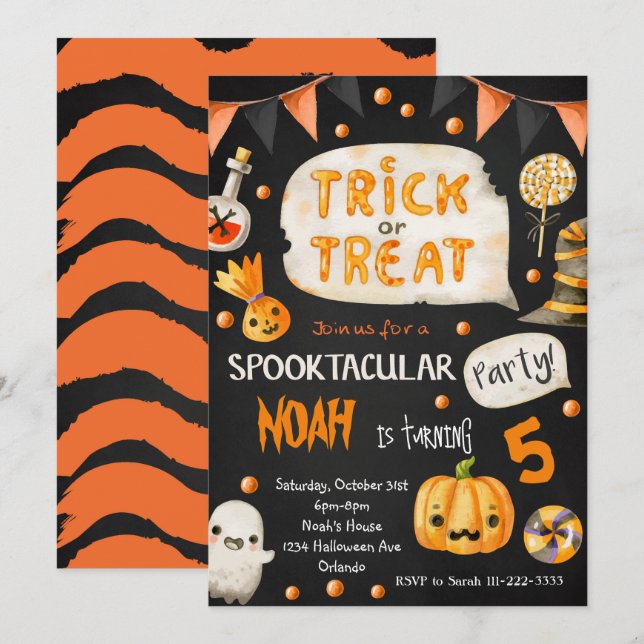Black Treat or Treat Halloween Birthday Invite (Front/Back)