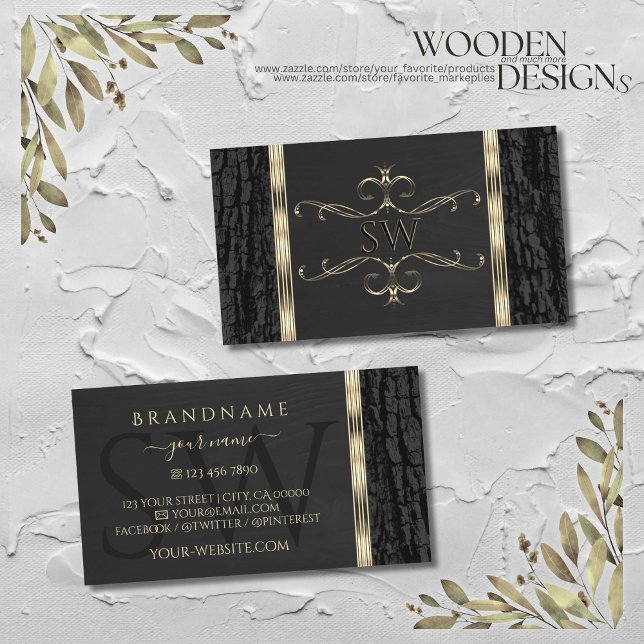 Black Tree Bark Grain Gold Ornate Border Monogram Business Card (Creator Uploaded)