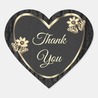 Black Tree Bark Wood Grain Gold Cute Thank You Heart Sticker
