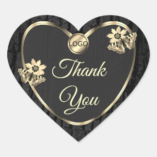 Black Tree Bark Wood Grain Gold Thank You Logo Heart Sticker