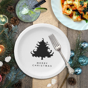 Black Tree Merry Christmas Paper Plate