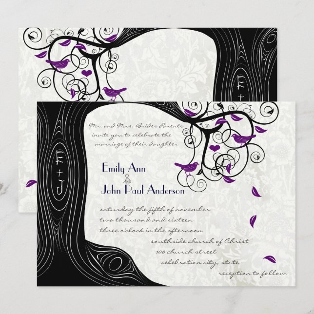 Black Tree Purple Birds Wedding Invitations (Front/Back)