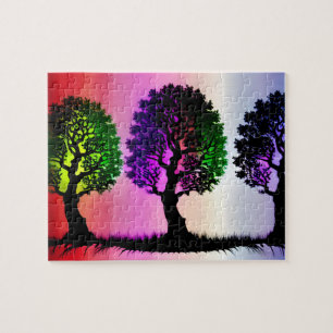 Black Tree Silhouettes with Colourful Sky Backdrop Jigsaw Puzzle