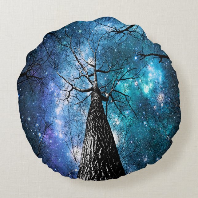 Black Trees Blue Space Round Pillow (Back)