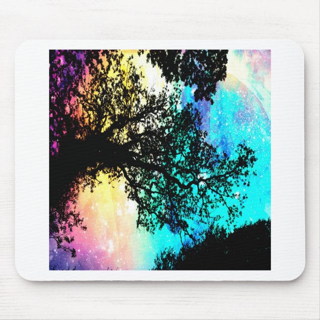 Black Trees Colourful Space Mouse Mat (Front)