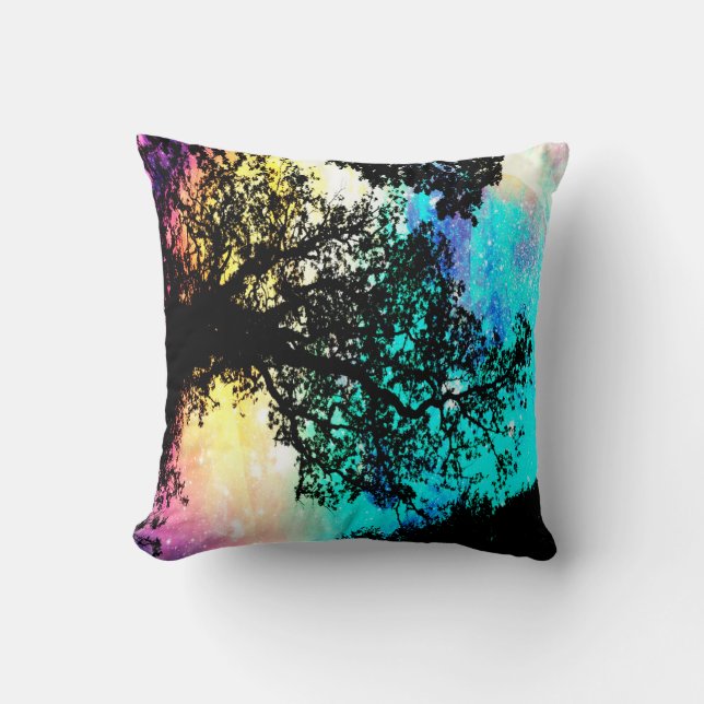 Black Trees Colourful Space Pillow (Front)