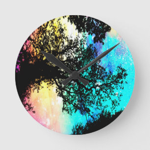 Black Trees Colourful Space Round Clock
