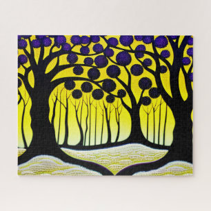Black Trees Purple Fruit with Yellow Background Jigsaw Puzzle