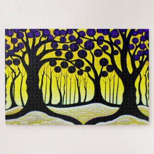 Black Trees Purple Fruit with Yellow Background Jigsaw Puzzle