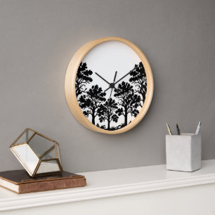 Black Trees Silhouette Wooden Wall Clock