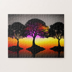 Black Trees with Sunset Background and Gray Sky Jigsaw Puzzle