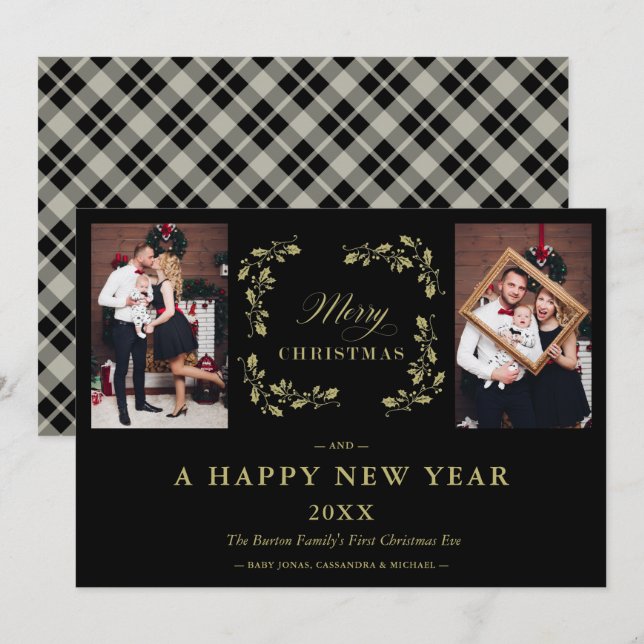 Black Trend Elegant Chic Christmas 2 Photos Family Holiday Card (Front/Back)