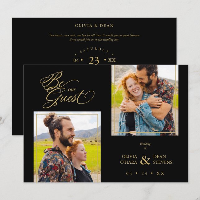 Black Trendy 2 Photos Fake Golden Invitation (Front/Back)