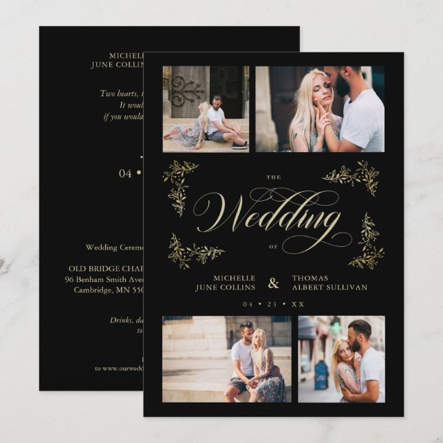 Black Trendy 4 Photos Collage Wedding Invitation (Front/Back)