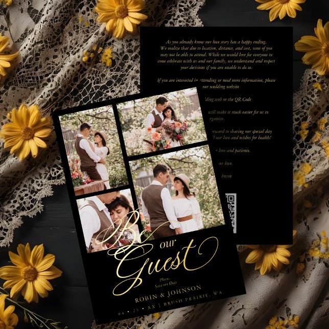 Black Trendy Collage 4 Photos Luxury Script  (Black Trendy Collage 4 Photos Luxury Script Wedding Metallic Foil Invitation Card with Envelope. )