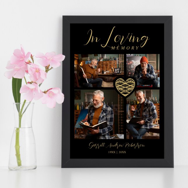 Black Trendy Collage 4 Photos Modern Heart Poster (Black Trendy Collage 4 Photos Modern Heart Poster for Funeral or Celebration of Life.)