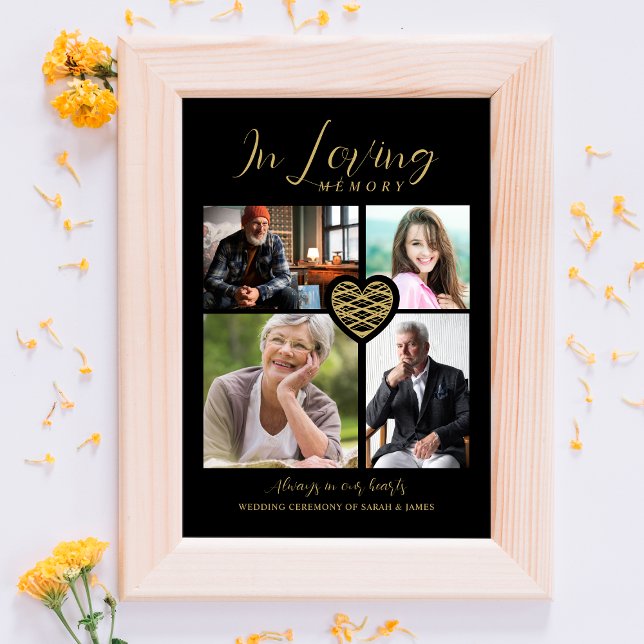 Black Trendy Collage 4 Photos Modern Heart Wedding Foil Prints (Creator Uploaded)