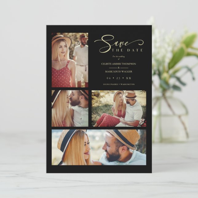 Black Trendy Collage Wedding 4 Photos Save The Date (Standing Front)