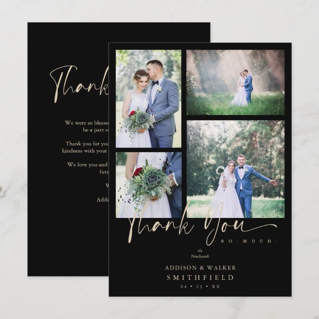 Black Trendy Collage Wedding 4 Photos Thank You Card (Front/Back)