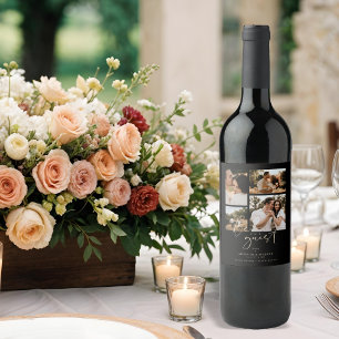 Black Trendy Collage Wedding 4 Photos Wine Label