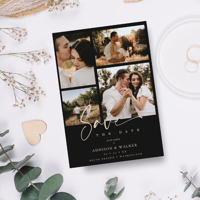 Black Trendy Collage Wedding Save Date 4 Photos (Creator Uploaded)
