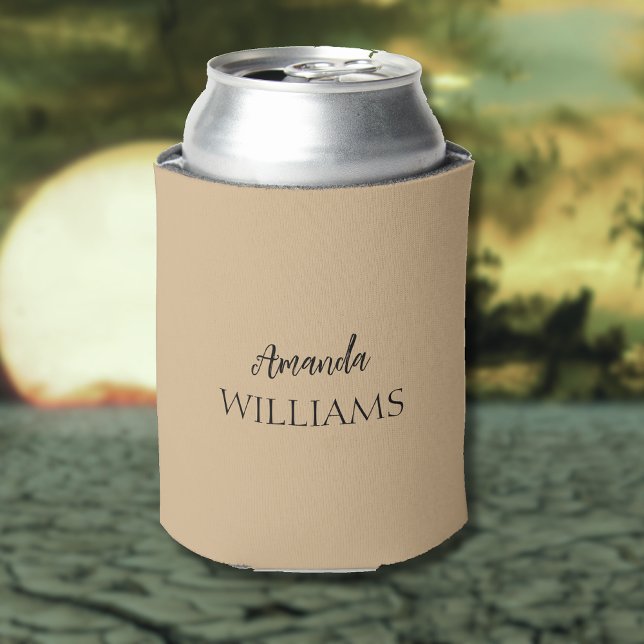Black Trendy Elegant  First Last Name | Tan Brown  Can Cooler (Creator Uploaded)