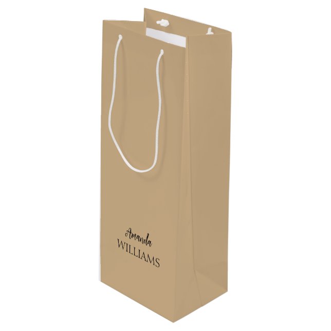 Black Trendy Elegant  First Last Name | Tan Brown  Wine Gift Bag (Front Angled)