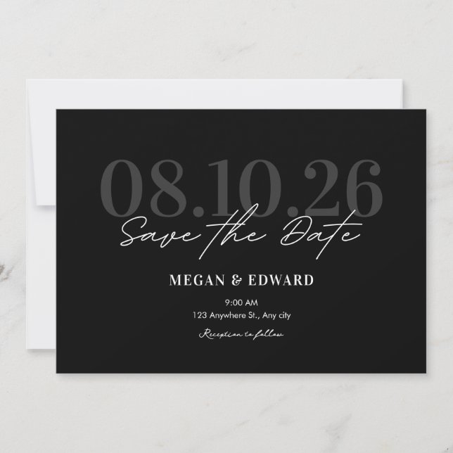 Black Trendy minimalist aesthetic wedding Save The Date (Front)