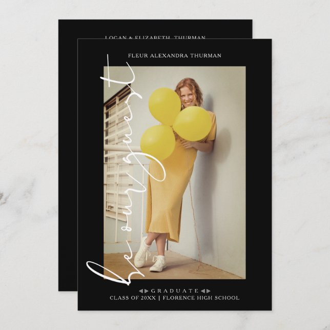 Black Trendy Photo Be Our Guest Simple Graduation Invitation (Front/Back)
