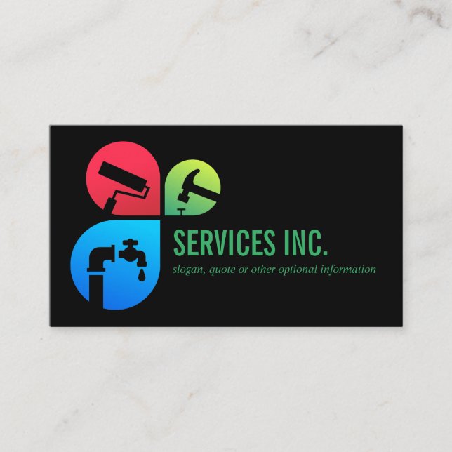 Black Trendy Repairing services logo professional Business Card (Front)