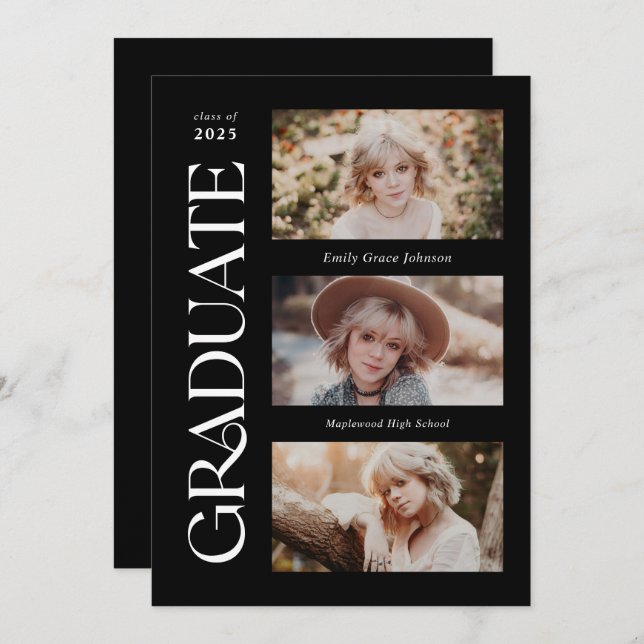 Black Trendy Serif Multiple Photo Graduation  Announcement (Front/Back)