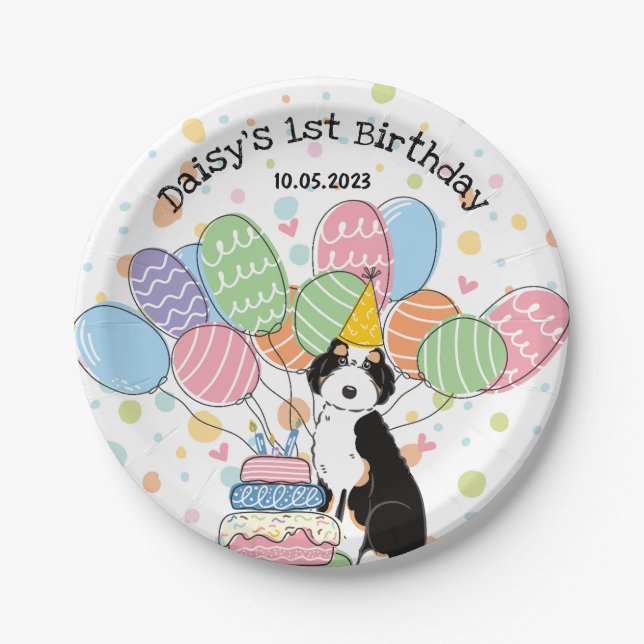 Black Tri Aussiedoodle Birthday Party Paper Plates (Front)