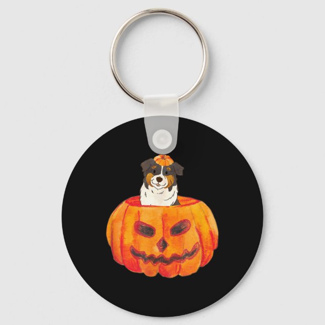 Black Tri Colour Aussie Dog Happy Halloween Pumpki Key Ring (Front)