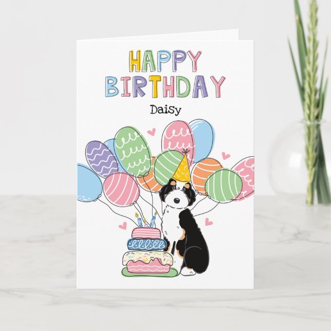 Black Tri Colour Aussiedoodle Dog Happy Birthday Card (Front)