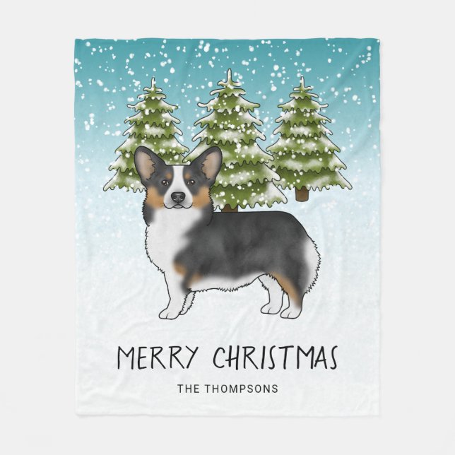 Black Tri Pembroke Corgi Snow Forest Christmas Fleece Blanket (Front)