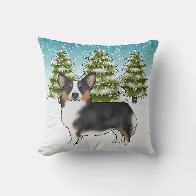 Black Tri Pembroke Corgi Snowy Winter Christmas Cushion (Front)