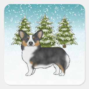 Black Tri Pembroke Corgi Winter Forest Christmas Square Sticker