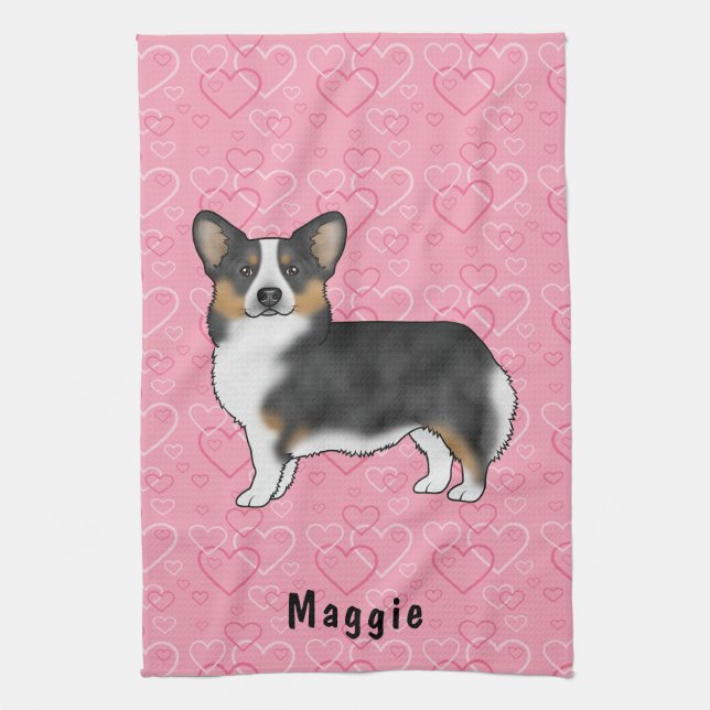 Black Tri Pembroke Welsh Corgi Hearts With Name Tea Towel (Vertical)