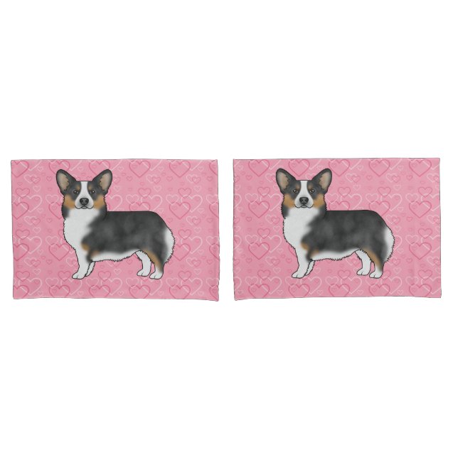 Black Tri Pembroke Welsh Corgi Love Hearts Pink Pillowcase (Front-Set)