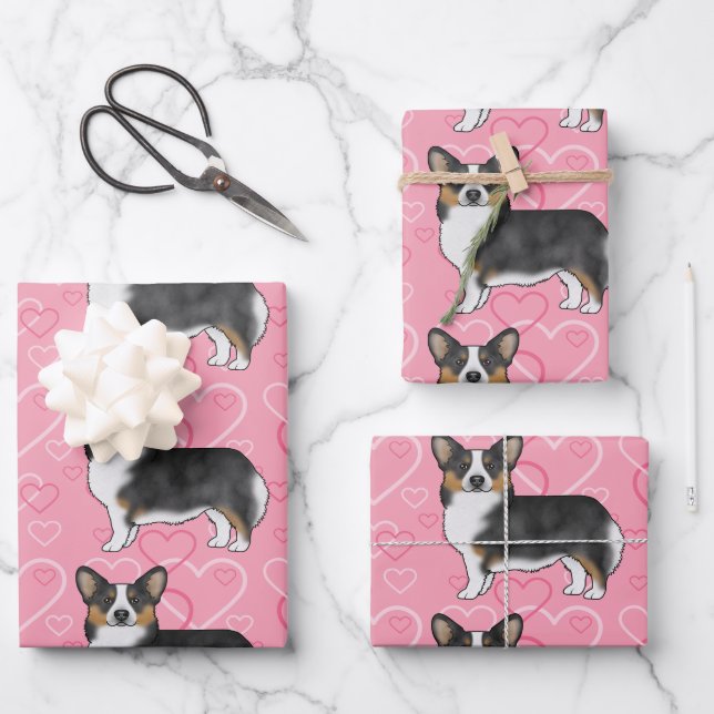 Black Tri Pembroke Welsh Corgi Love Hearts Pink Wrapping Paper Sheet (Front)